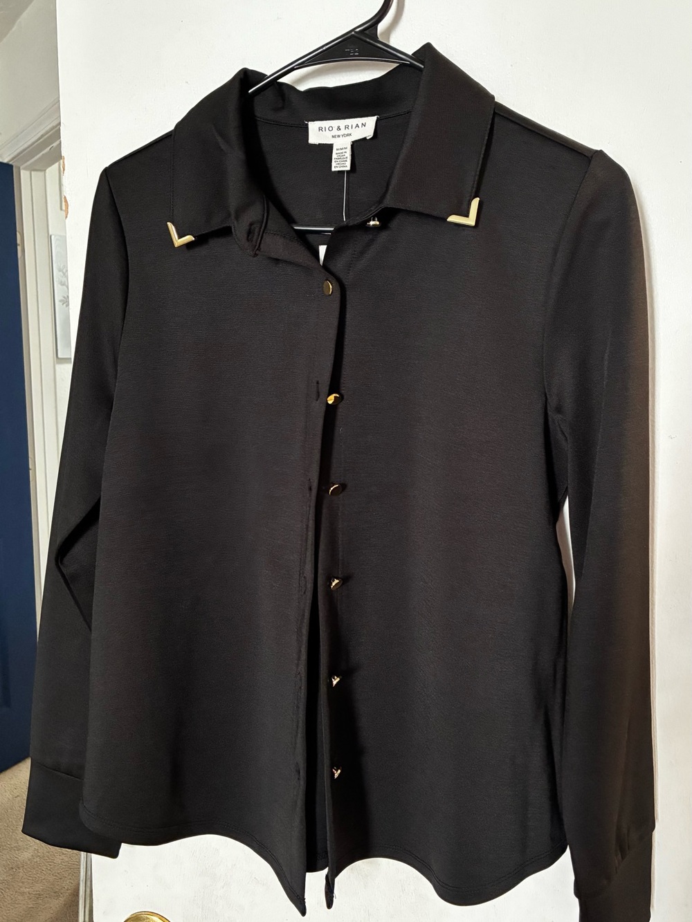 Black Long-Sleeve Button Front Top with Gold Accents